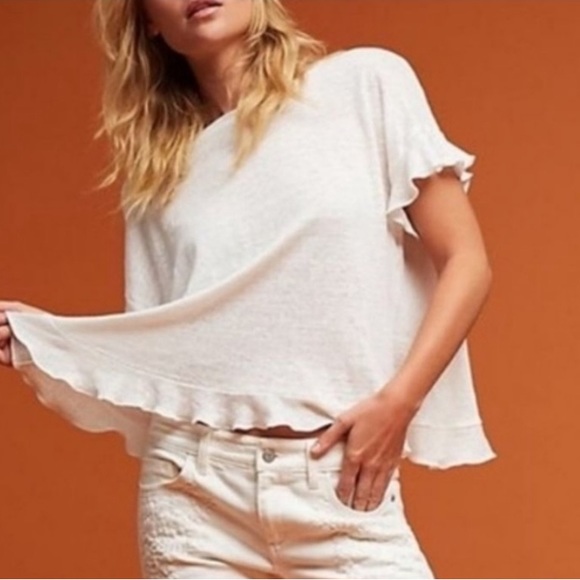 Anthropologie Eri + Ali Linen Ruffle Ivory Blouse Sz XS NWT - Picture 2 of 7